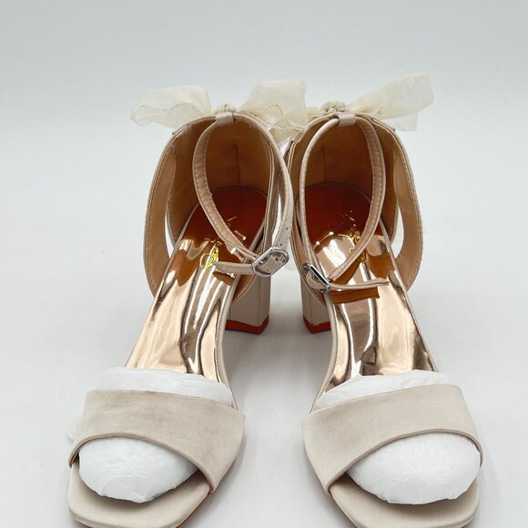 XYD White Satin Open Toe Bridal Wedding Shoes Block High Heel Mesh Bow Sandals - Picture 3 of 6